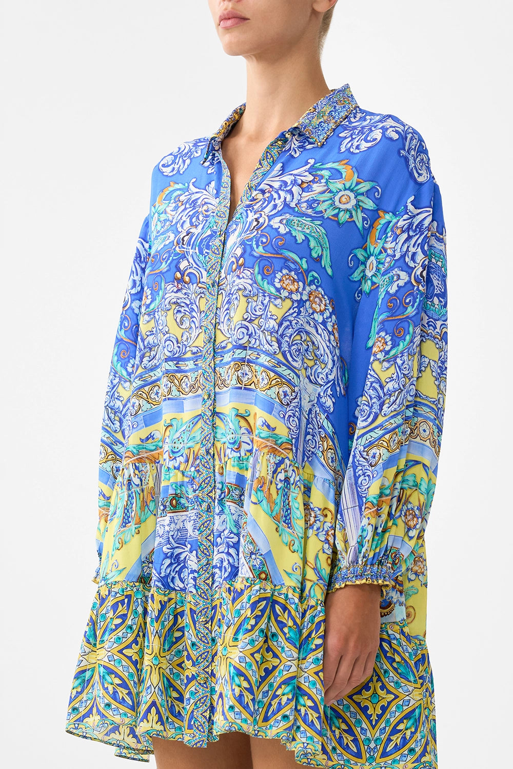 CAMILLA | BENEATH THE ANDALUSIAN SUN LONG SLEEVE TIERED SHORT DRESS