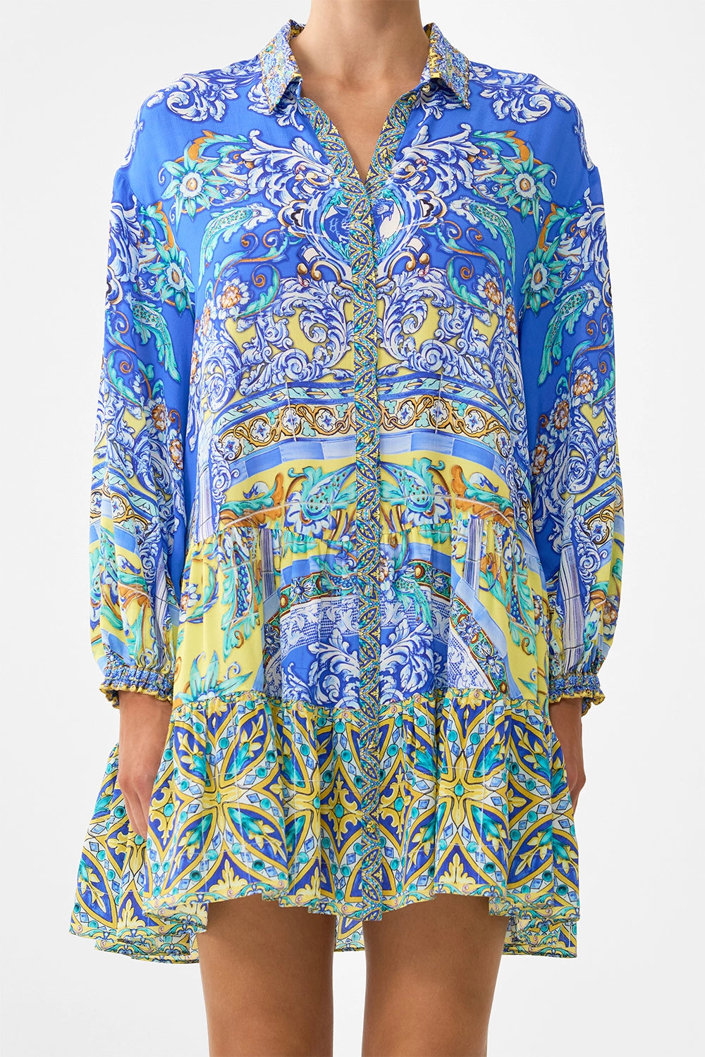 CAMILLA | BENEATH THE ANDALUSIAN SUN LONG SLEEVE TIERED SHORT DRESS