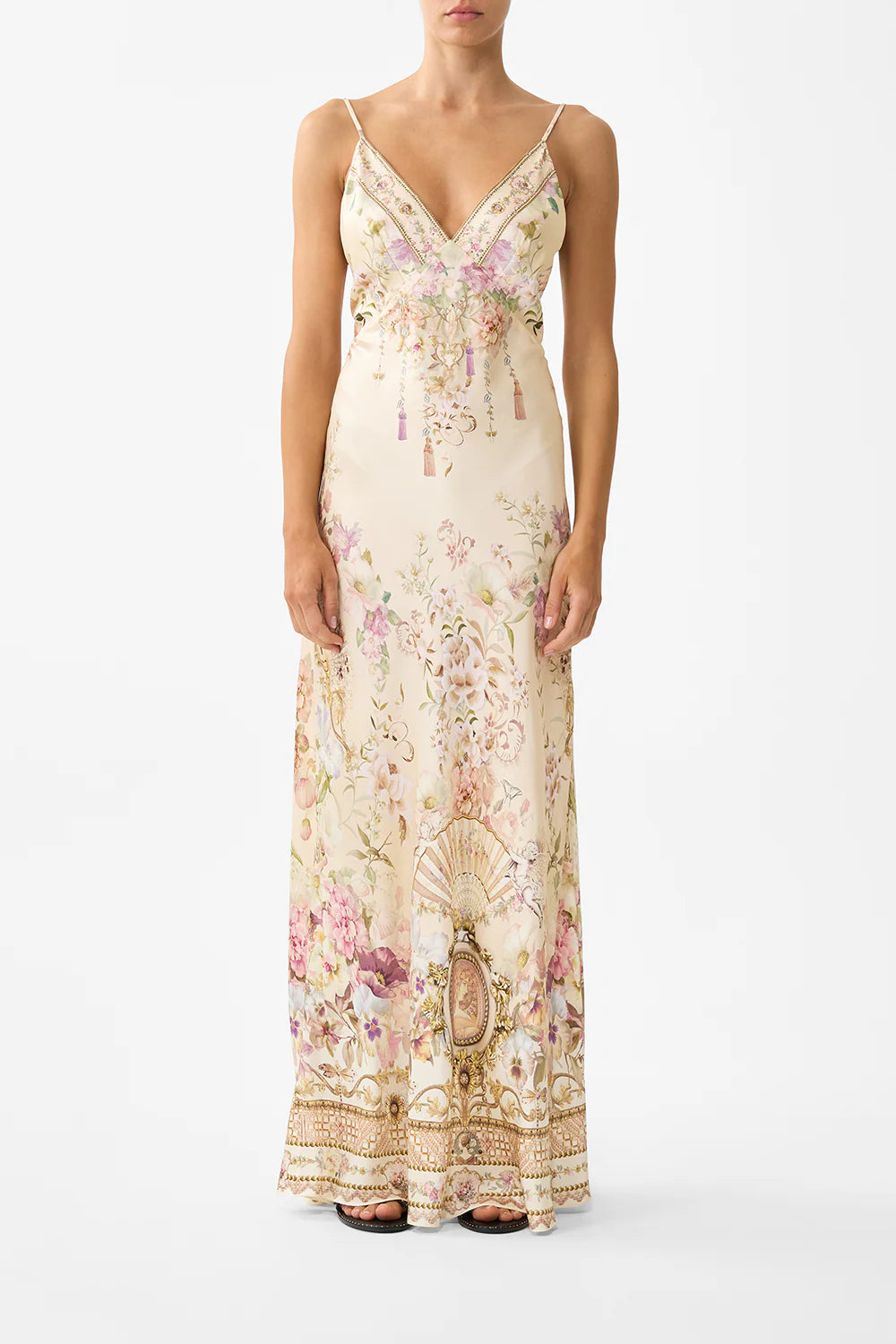 CAMILLA | ADORNED IN ARANJUEZ V NECK FULL LENGTH BIAS SLIP DRESS