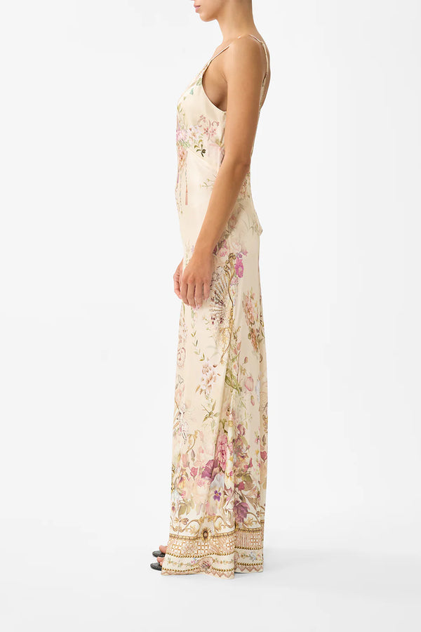 CAMILLA | ADORNED IN ARANJUEZ V NECK FULL LENGTH BIAS SLIP DRESS
