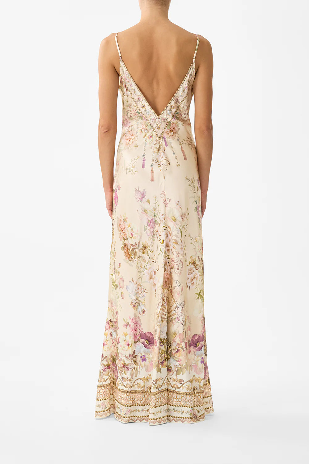 CAMILLA | ADORNED IN ARANJUEZ V NECK FULL LENGTH BIAS SLIP DRESS
