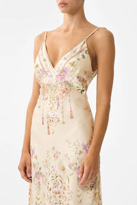 CAMILLA | ADORNED IN ARANJUEZ V NECK FULL LENGTH BIAS SLIP DRESS