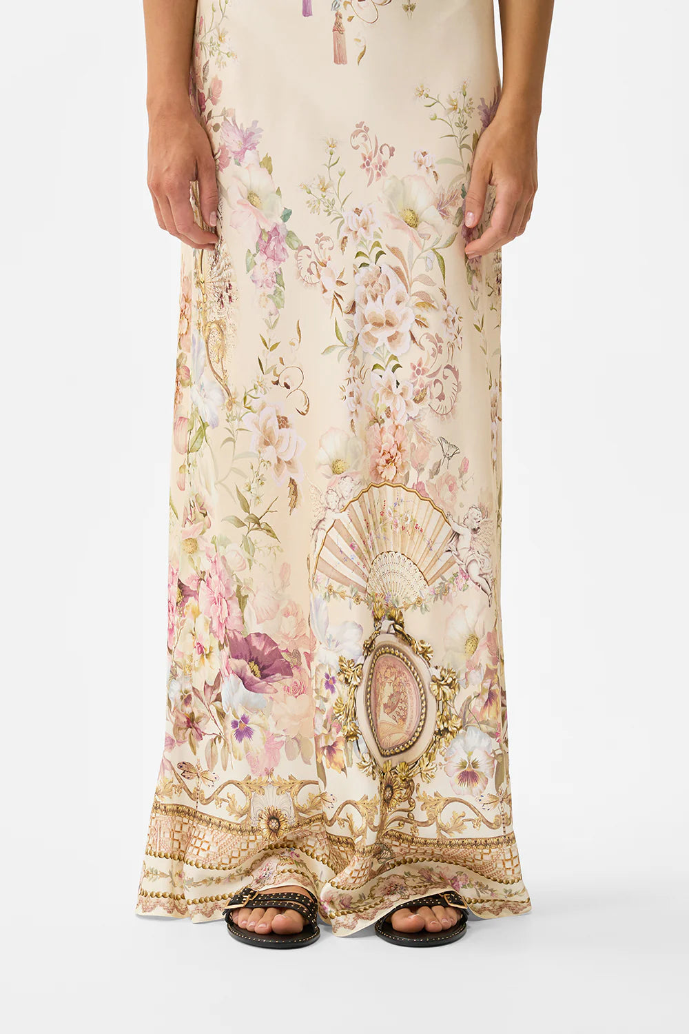 CAMILLA | ADORNED IN ARANJUEZ V NECK FULL LENGTH BIAS SLIP DRESS