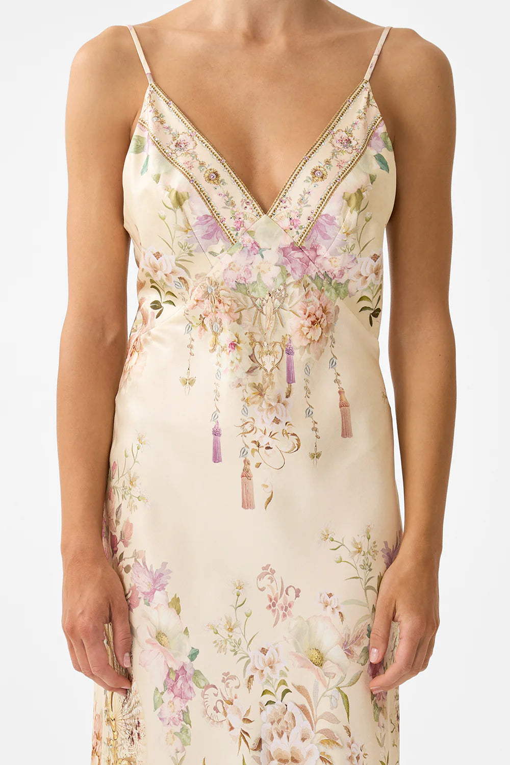 CAMILLA | ADORNED IN ARANJUEZ V NECK FULL LENGTH BIAS SLIP DRESS