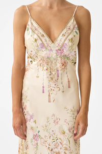 CAMILLA | ADORNED IN ARANJUEZ V NECK FULL LENGTH BIAS SLIP DRESS
