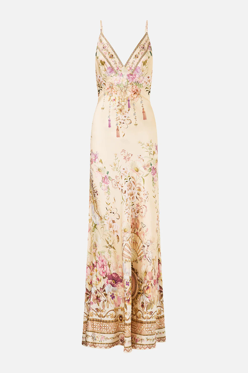 CAMILLA | ADORNED IN ARANJUEZ V NECK FULL LENGTH BIAS SLIP DRESS