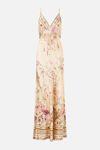 CAMILLA | ADORNED IN ARANJUEZ V NECK FULL LENGTH BIAS SLIP DRESS