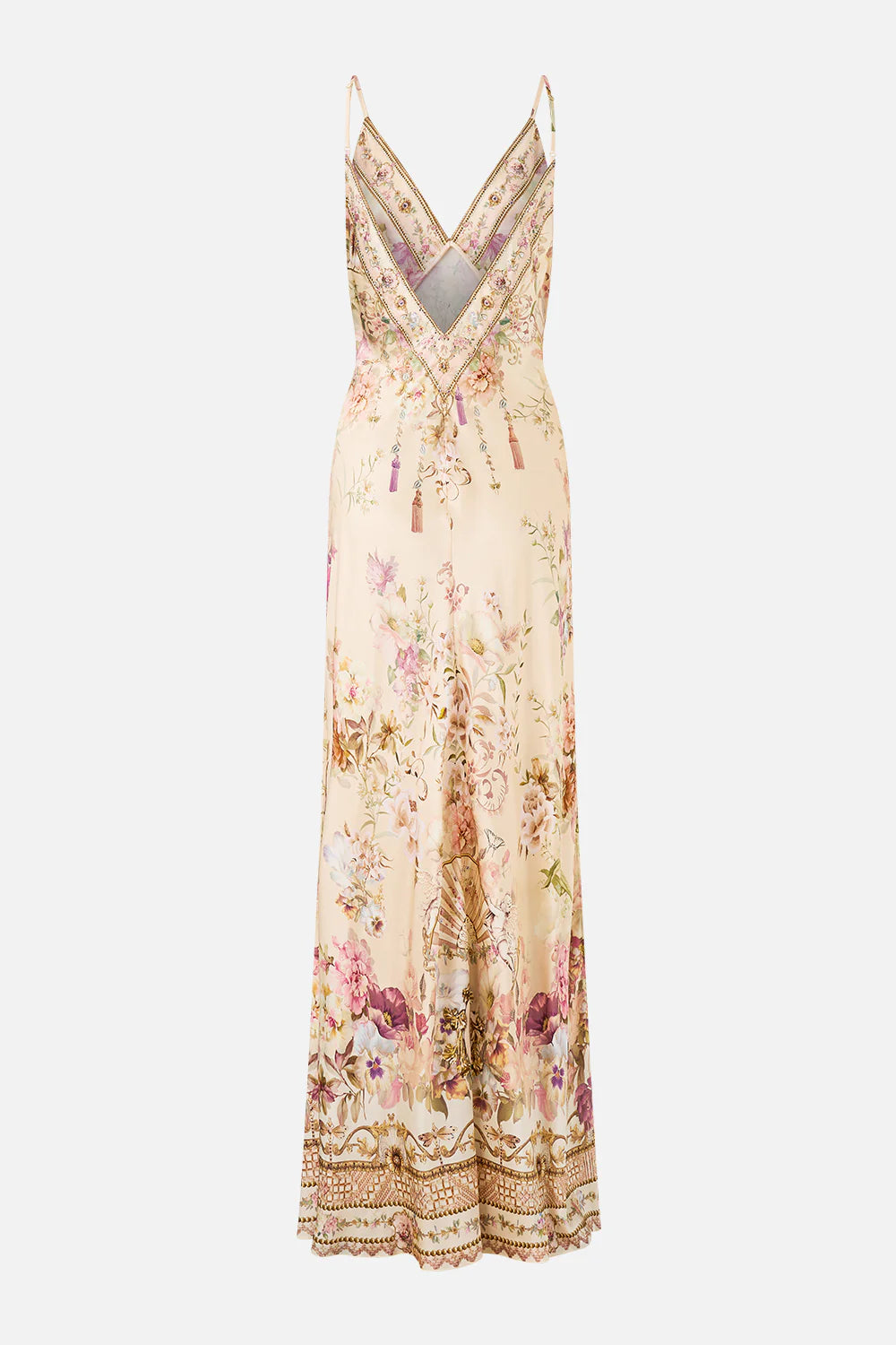 CAMILLA | ADORNED IN ARANJUEZ V NECK FULL LENGTH BIAS SLIP DRESS