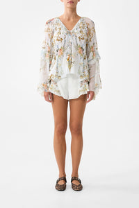 CAMILLA | SEVILLE SWEETHEART LACE UP V NECK BLOUSE WITH CASCADE RUFFLES