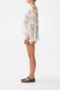 CAMILLA | SEVILLE SWEETHEART LACE UP V NECK BLOUSE WITH CASCADE RUFFLES