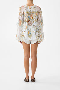 CAMILLA | SEVILLE SWEETHEART LACE UP V NECK BLOUSE WITH CASCADE RUFFLES