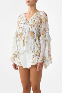CAMILLA | SEVILLE SWEETHEART LACE UP V NECK BLOUSE WITH CASCADE RUFFLES