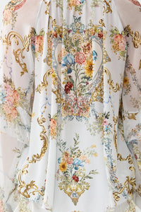 CAMILLA | SEVILLE SWEETHEART LACE UP V NECK BLOUSE WITH CASCADE RUFFLES