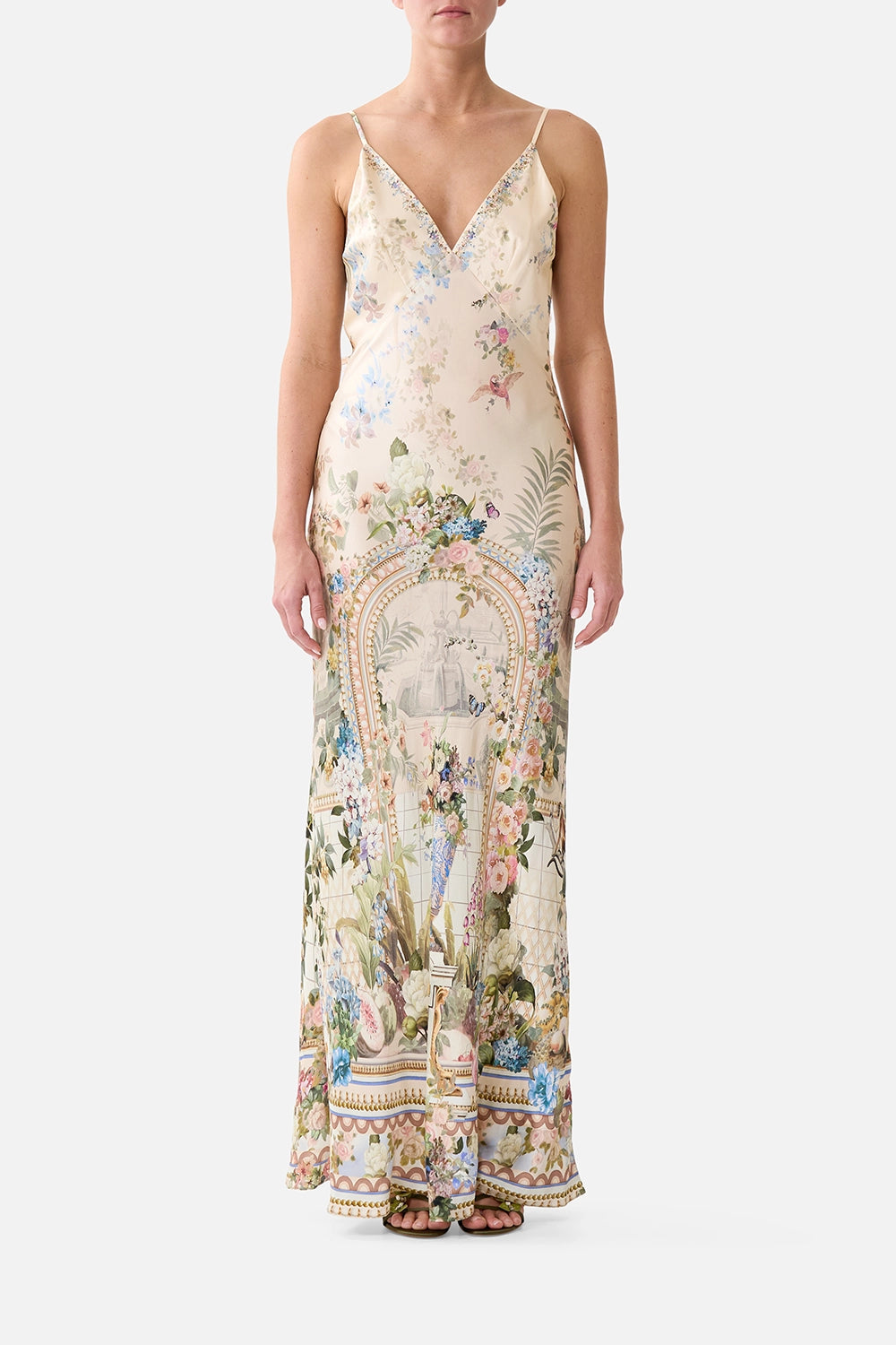 Camilla | Midsummer Masterpiece V Neck Full Length Bias Slip Dress