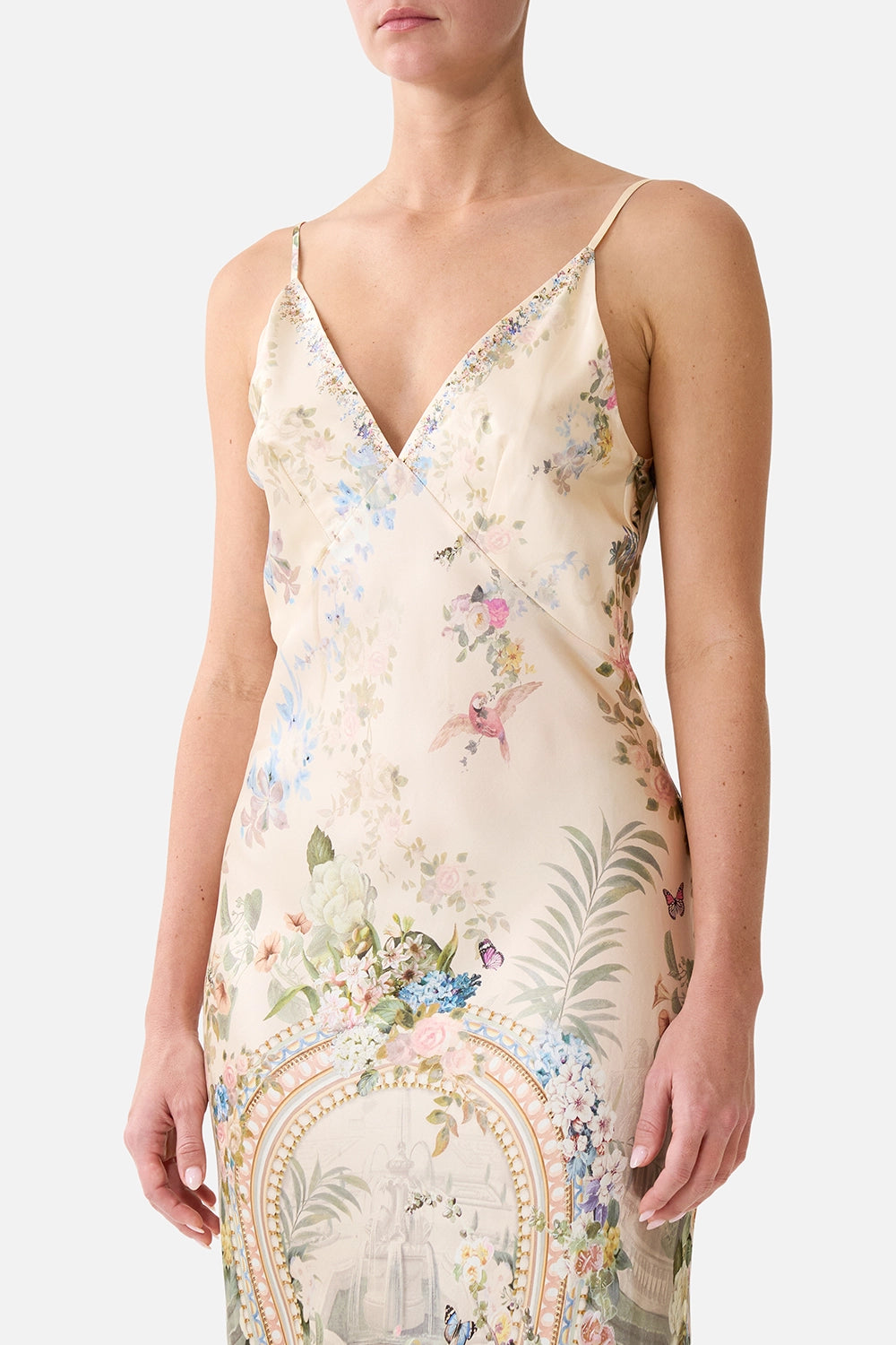 Camilla | Midsummer Masterpiece V Neck Full Length Bias Slip Dress