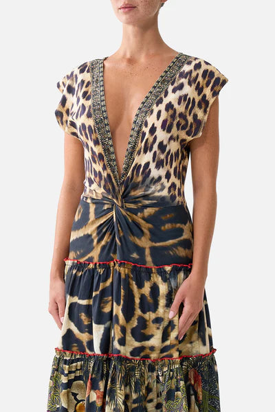 CAMILLA | LEOTIGRA LAND CAP SLEEVE TWIST FRONT MIDI DRESS