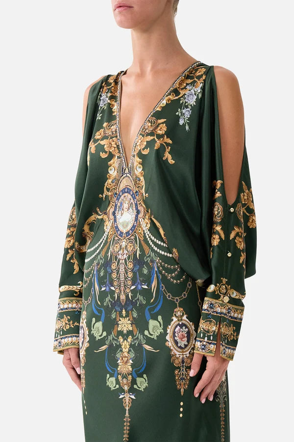 CAMILLA | THE SECESSION SESSIONS PLUNGE NECK DRAPED SHOULDER DRESS