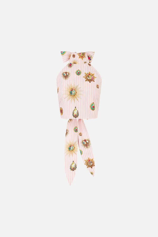 CAMILLA | PAINTED PRAYERS REVERSIBLE HALTER TIE BACK TOP