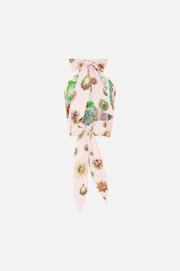 CAMILLA | PAINTED PRAYERS REVERSIBLE HALTER TIE BACK TOP