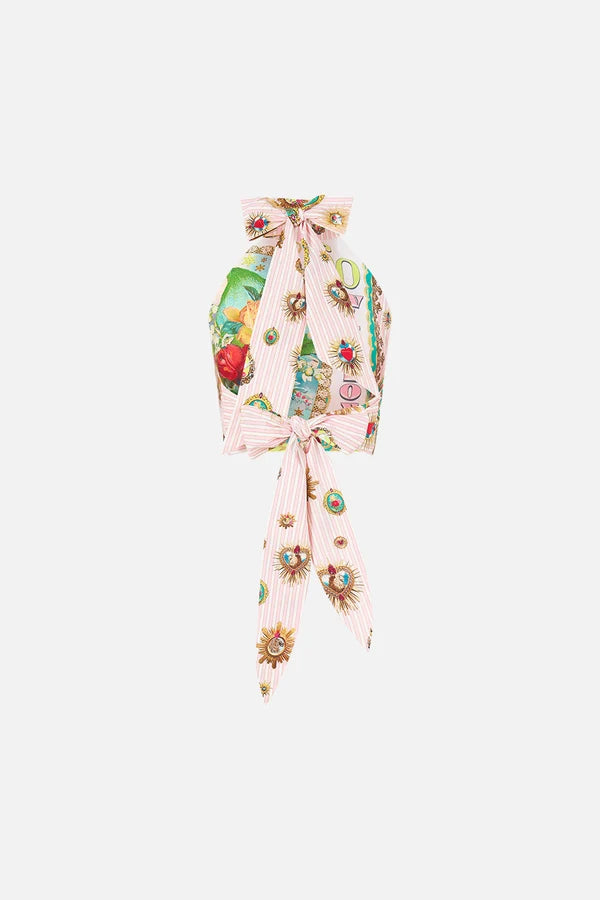 CAMILLA | PAINTED PRAYERS REVERSIBLE HALTER TIE BACK TOP