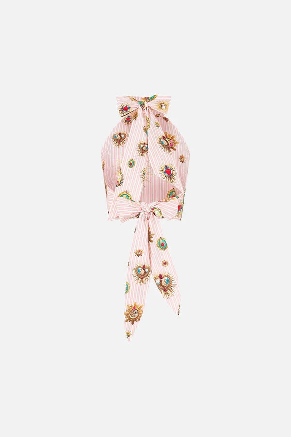 CAMILLA | PAINTED PRAYERS REVERSIBLE HALTER TIE BACK TOP