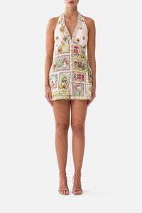 CAMILLA | PAINTED PRAYERS BUTTON FRONT HALTER PLAYSUIT