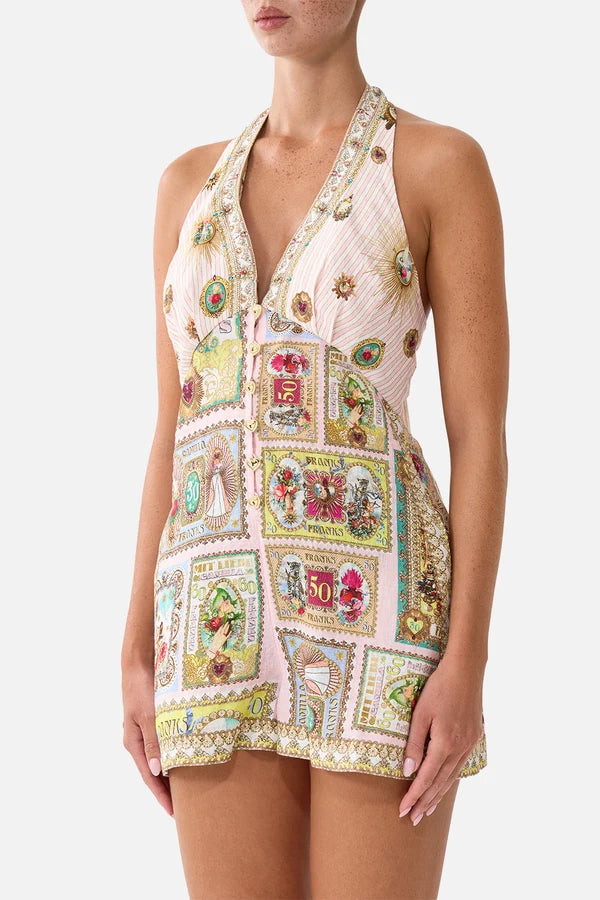 CAMILLA | PAINTED PRAYERS BUTTON FRONT HALTER PLAYSUIT