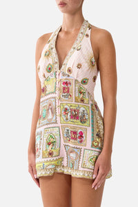 CAMILLA | PAINTED PRAYERS BUTTON FRONT HALTER PLAYSUIT