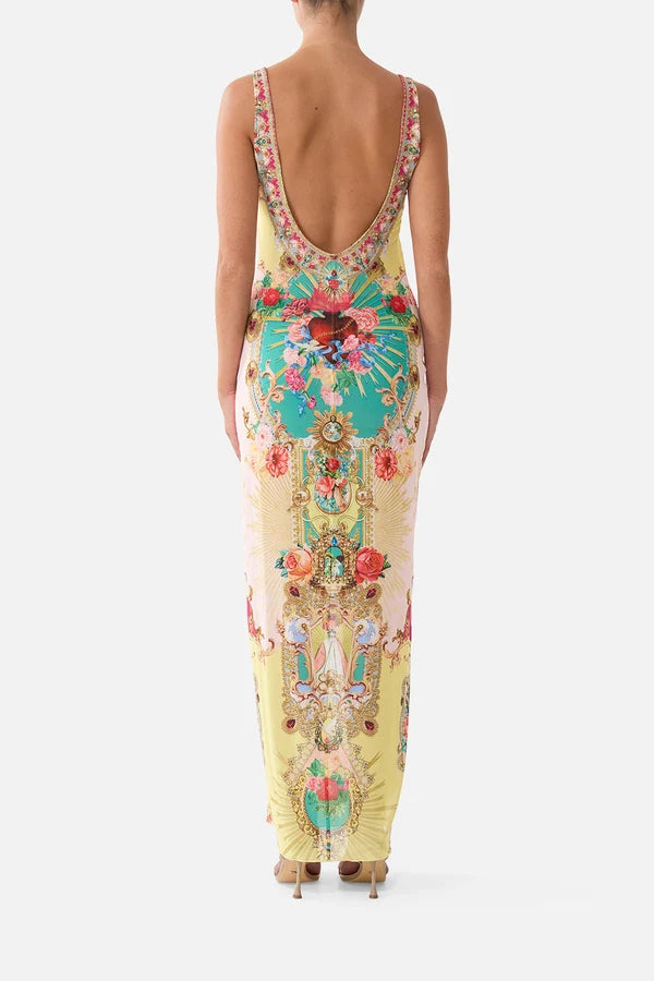 CAMILLA | PAINTED PRAYERS SQUARE NECK BEACH MAXI DRESS W LOW BACK