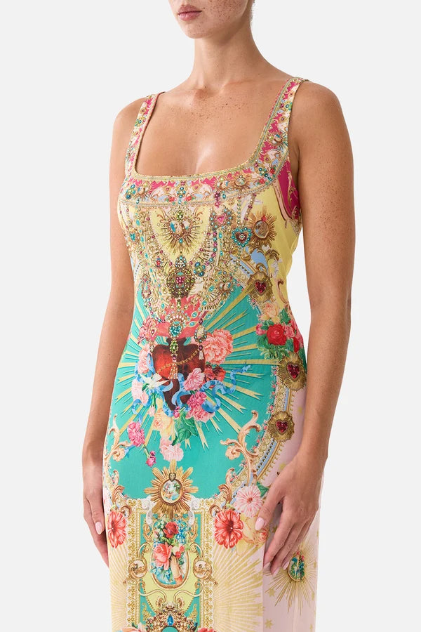 CAMILLA | PAINTED PRAYERS SQUARE NECK BEACH MAXI DRESS W LOW BACK