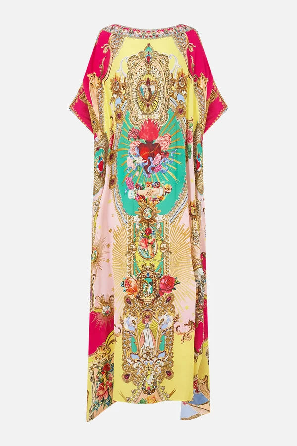 CAMILLA | PAINTED PRAYERS DEEP V NECK KAFTAN WITH CURVED SEAM