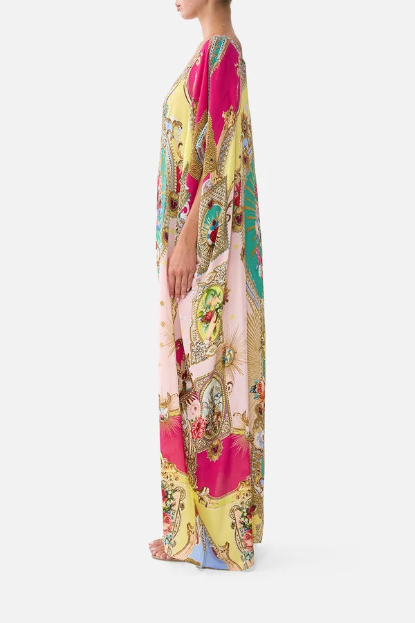 CAMILLA | PAINTED PRAYERS DEEP V NECK KAFTAN WITH CURVED SEAM