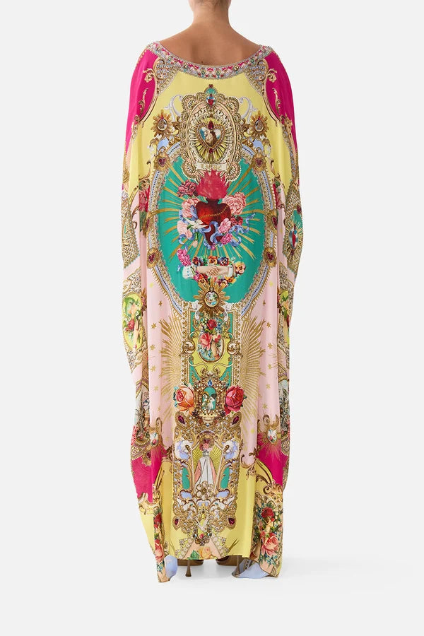 CAMILLA | PAINTED PRAYERS DEEP V NECK KAFTAN WITH CURVED SEAM