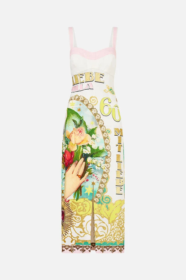 CAMILLA | PAINTED PRAYERS FORM FITTED MIDI DRESS WITH TOPSTITCHING