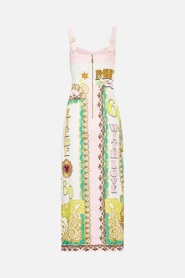 CAMILLA | PAINTED PRAYERS FORM FITTED MIDI DRESS WITH TOPSTITCHING