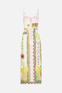 CAMILLA | PAINTED PRAYERS FORM FITTED MIDI DRESS WITH TOPSTITCHING