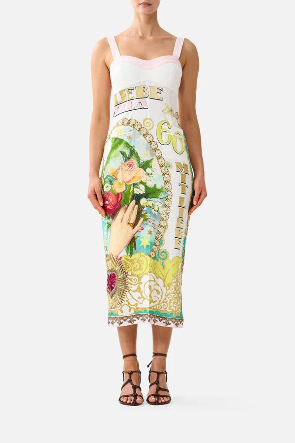 CAMILLA | PAINTED PRAYERS FORM FITTED MIDI DRESS WITH TOPSTITCHING