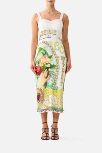 CAMILLA | PAINTED PRAYERS FORM FITTED MIDI DRESS WITH TOPSTITCHING