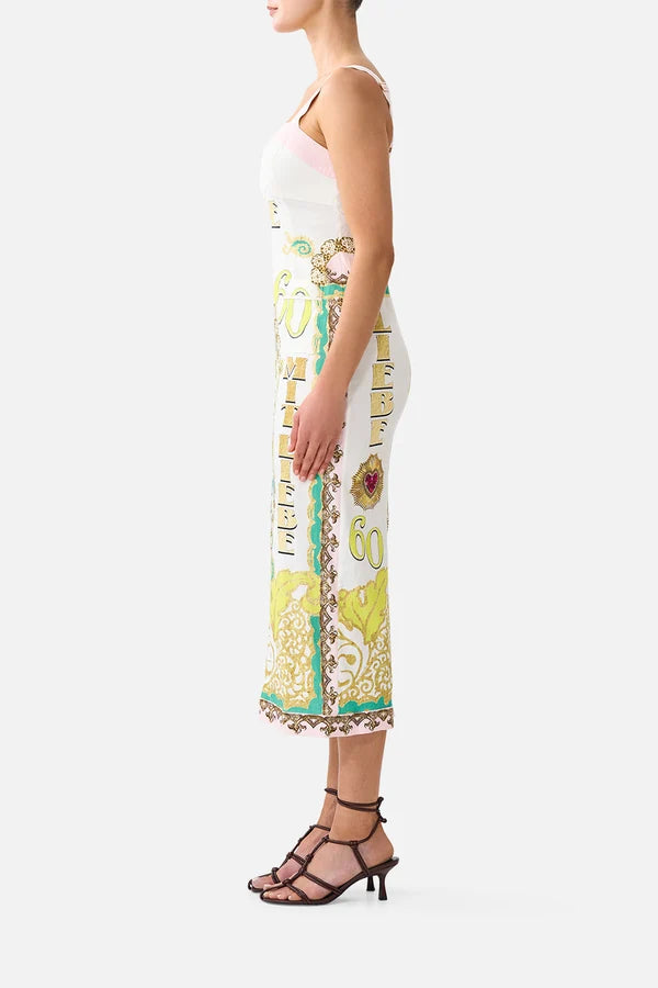 CAMILLA | PAINTED PRAYERS FORM FITTED MIDI DRESS WITH TOPSTITCHING