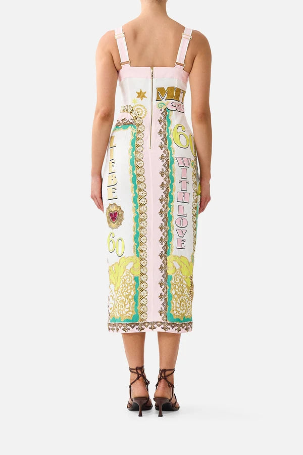 CAMILLA | PAINTED PRAYERS FORM FITTED MIDI DRESS WITH TOPSTITCHING