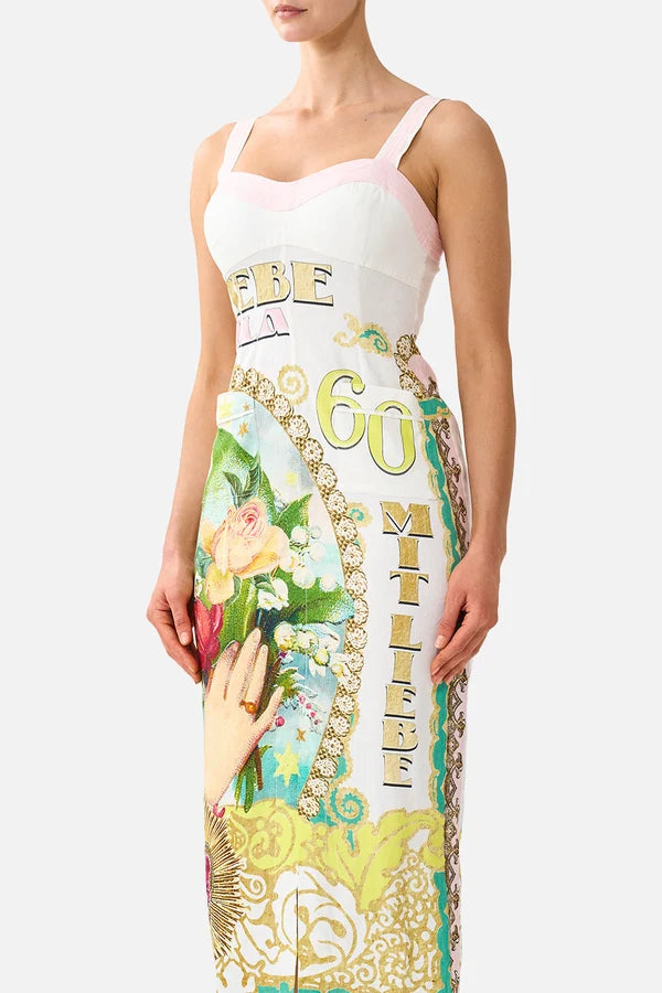 CAMILLA | PAINTED PRAYERS FORM FITTED MIDI DRESS WITH TOPSTITCHING