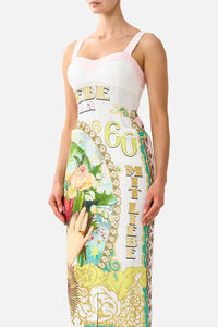 CAMILLA | PAINTED PRAYERS FORM FITTED MIDI DRESS WITH TOPSTITCHING