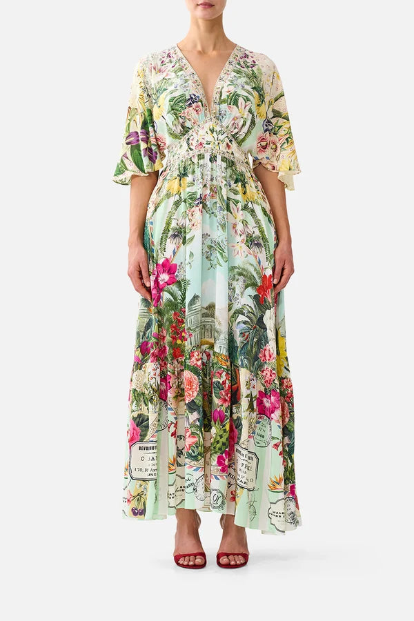 CAMILLA | LA BELLE BOTANIQUE SHAPED WAIST SHORT SLEEVE V NECK MAXI DRESS