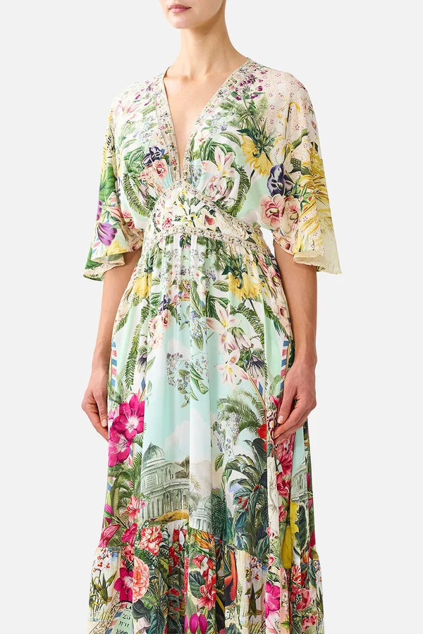 CAMILLA | LA BELLE BOTANIQUE SHAPED WAIST SHORT SLEEVE V NECK MAXI DRESS