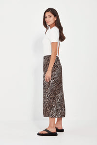 VERGE Instinct Skirt in exclusive animal print, bias-cut rayon-linen blend with mid-calf length and elastic waistband, women’s skirt at Hollie Rose.
