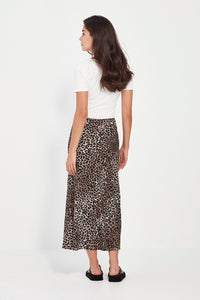 VERGE Instinct Skirt in exclusive animal print, bias-cut rayon-linen blend with mid-calf length and elastic waistband, women’s skirt at Hollie Rose.