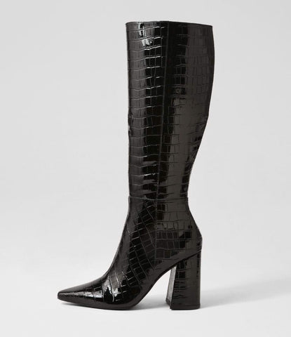 MOLLINI | Fire Black Croc Patent Knee High Boots