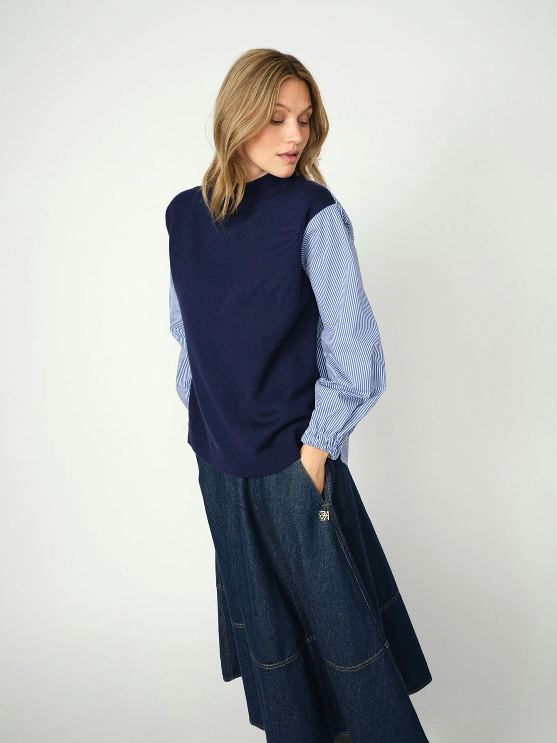 MOS MOSH | JUELLA LS STRIPE COMBI KNIT - MARITIME BLUE 173200