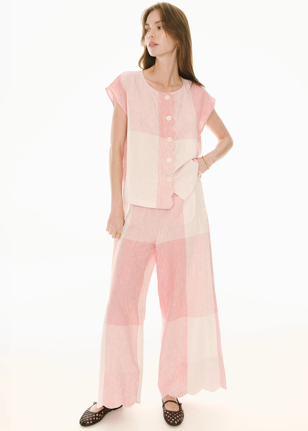 POL | SAFRIA PANT GINGHAM SCALLOP - PINK/RED GINGHAM