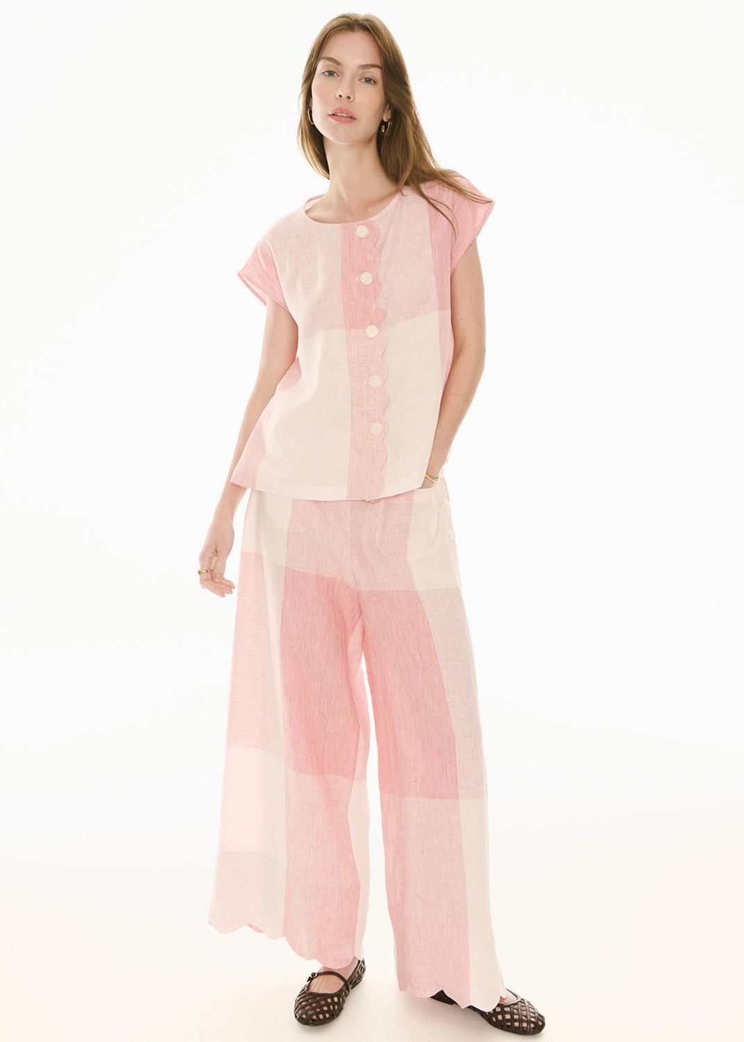 POL | SAFRIA PANT GINGHAM SCALLOP - PINK/RED GINGHAM
